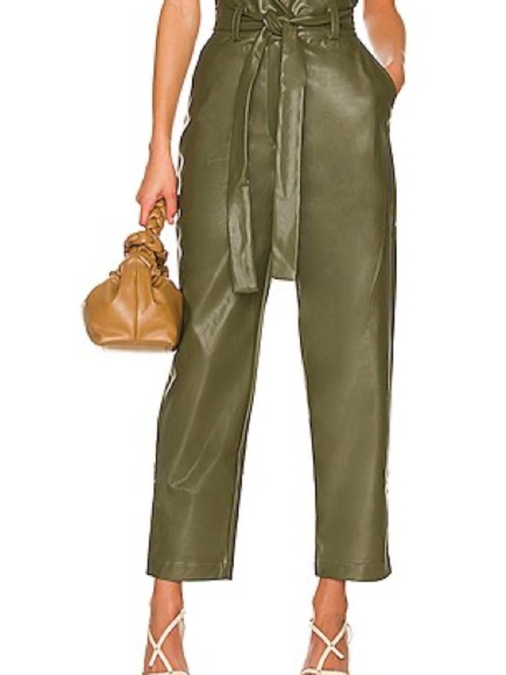 Bardot Hartley Vegan Leather Olive Green High-Waist Paperbag Trousers